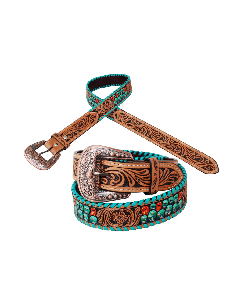 Painted Cactus Tooled Belt-belts-Rafter T Ranch Company-SM-32"-thekeepersoflove