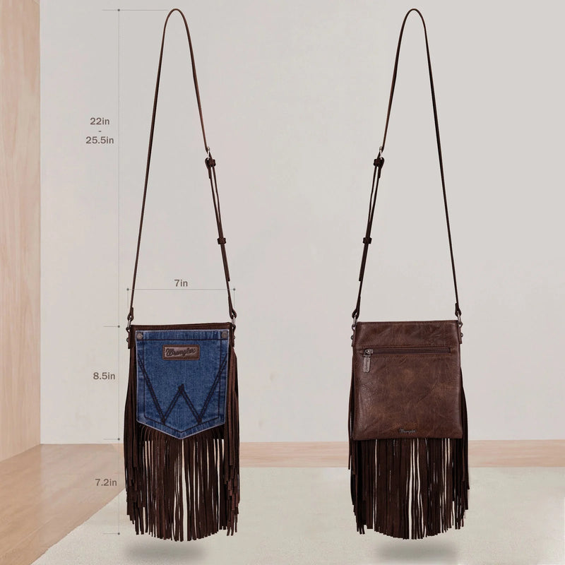 Wrangler Leather Fringe Jean Denim Pocket Crossbody Bag-Bag and Purses-Montana West-thekeepersoflove