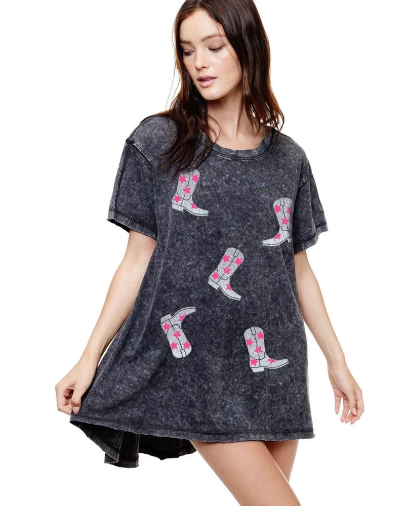 Metallic Cowboy Boots Graphic Tunic Top-Shirts & Tops-Zutter-S/M-Black-thekeepersoflove