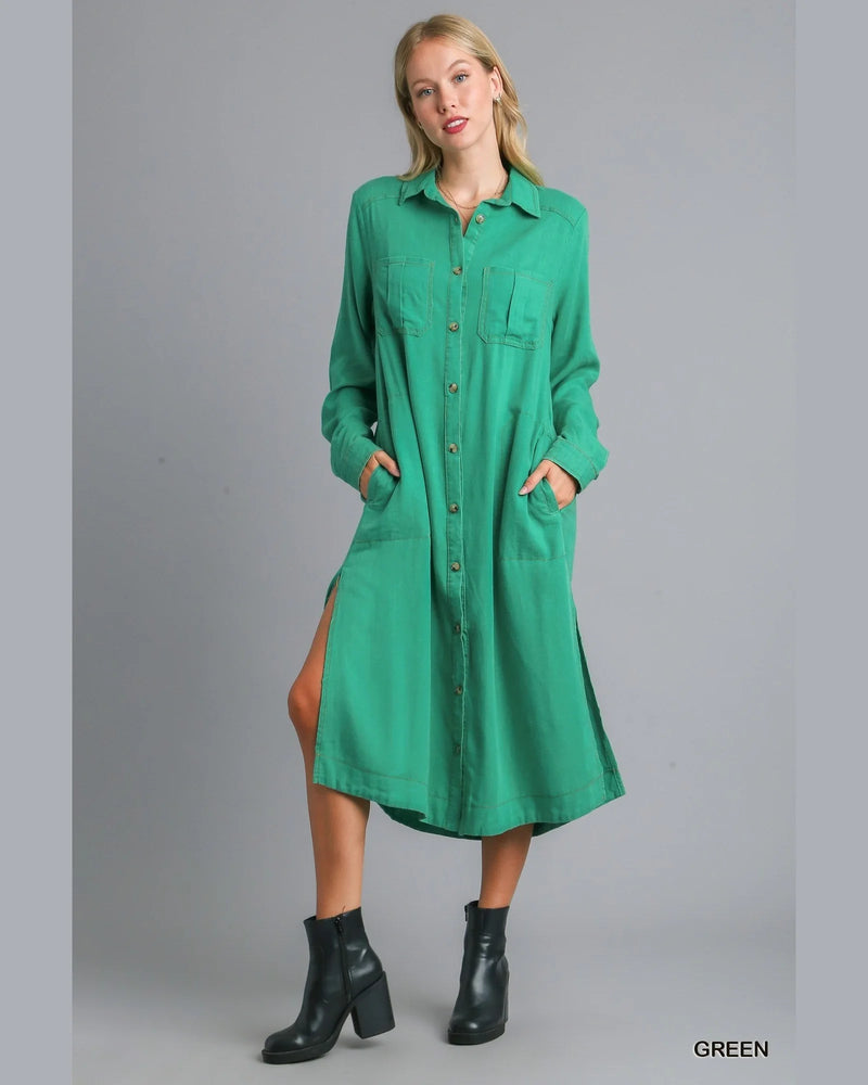 Mineral Wash Button Down Dress-Dresses-Umgee-Small-Green-thekeepersoflove